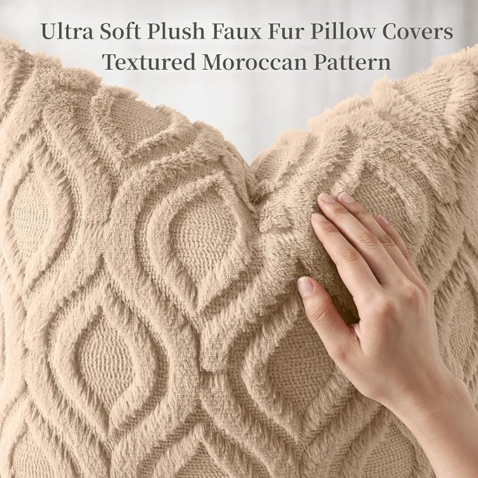 decorUhome Throw Pillow Covers 20x20 Inch Set of 2, Soft Plush Faux Wool Light Khaki Solid Couch Pillow Covers, Accent Farmhouse Neutral Square Pillow Cases for Sofa Bed Living Room