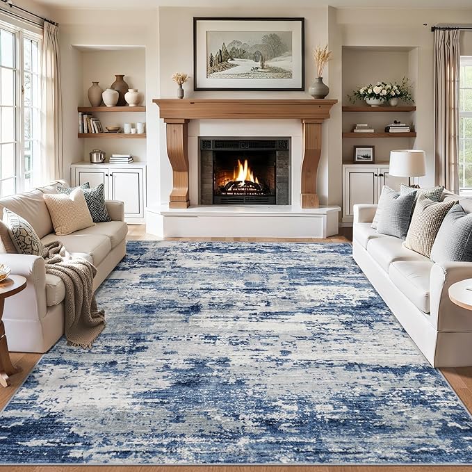 6x9 Area Rugs for Living Room - Washable Rug Modern Abstract Soft Large Neutral Non-Slip Carpet Indoor Floor Thin Carpets for Bedroom Dining Room Farmhouse Nursery Home Office Blue Gray