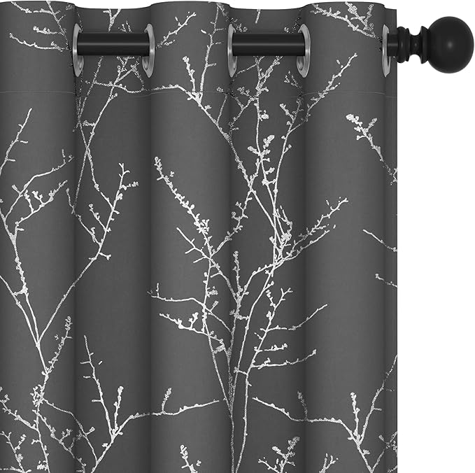Deconovo Blackout Curtains Grey, Thermal Insulated Soundproof Drapes, Silver Branch Foil Print, 42 x 63 Inch, 2 Panels, Machine‑Washable Privacy Window Panel for Living Room Bedroom Nursery Office