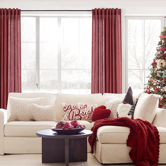Burgundy Curtains for Living Room Back Tab Modern Farmhouse Semi Sheer Burgundy Curtains 90 inches Long 2 Panels Set Muted Neutral Window Curtain for Dining Room Bedroom 52x90