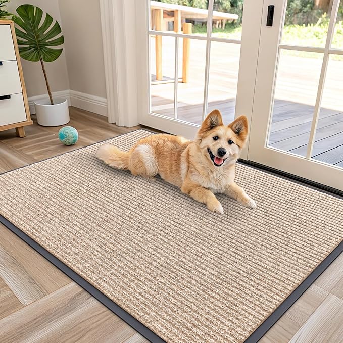 OLANLY Front Door Mat Indoor Outdoor Entrance, Waterproof Heavy Duty Doormat, Fade Resistant, Low Profile, Easy Clean Patio Porch Welcome Floor Mats for Entry, 47x34, Beige