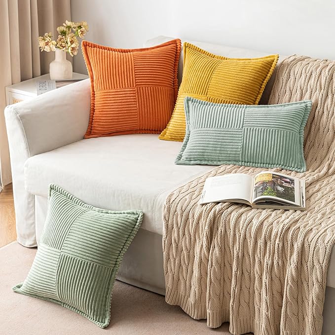 MIULEE Spring Decorative Throw Pillow Covers for Couch Bed Livingroom 18x18 Inch Set of 2 Greyish Green Boho Accent Throw Pllows Broadside Striped Patchwork Soft Corduroy Summer Pillowcases