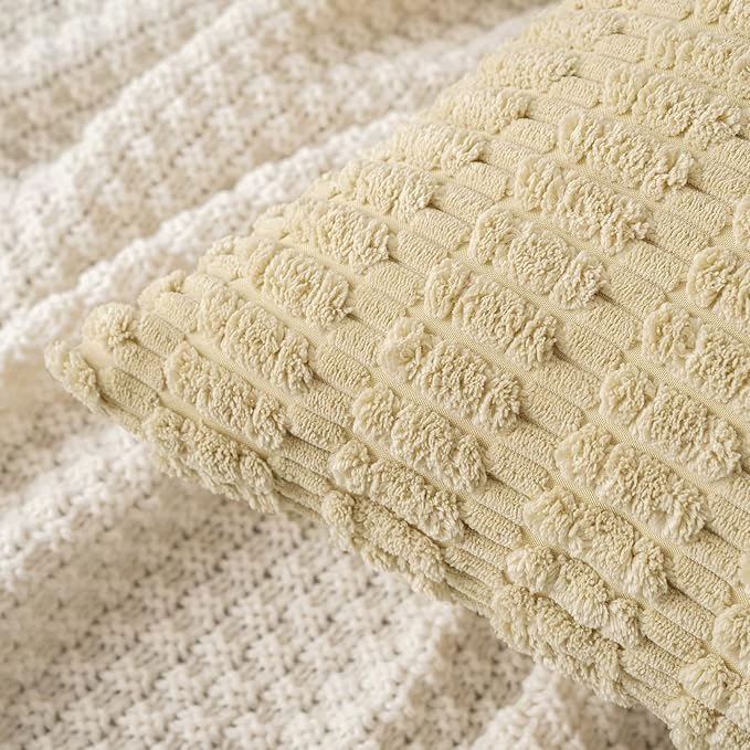 MIULEE Pack of 2 Corduroy Decorative Throw Pillow Covers 16x16 Inch Soft Boho Striped Pillow Covers Modern Farmhouse Home Decor for Sofa Living Room Couch Bed Beige
