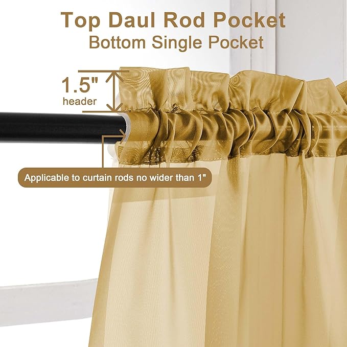 Chyhomenyc Gold Sheer Curtains 63 Inches Long 2 Panels, Light Filtering Bright Lightweight Curtains for Living Room, Soft Gentle Voile Rod Pocket Bedroom Window Drapes, 59Wx63L Inch, 2PCS