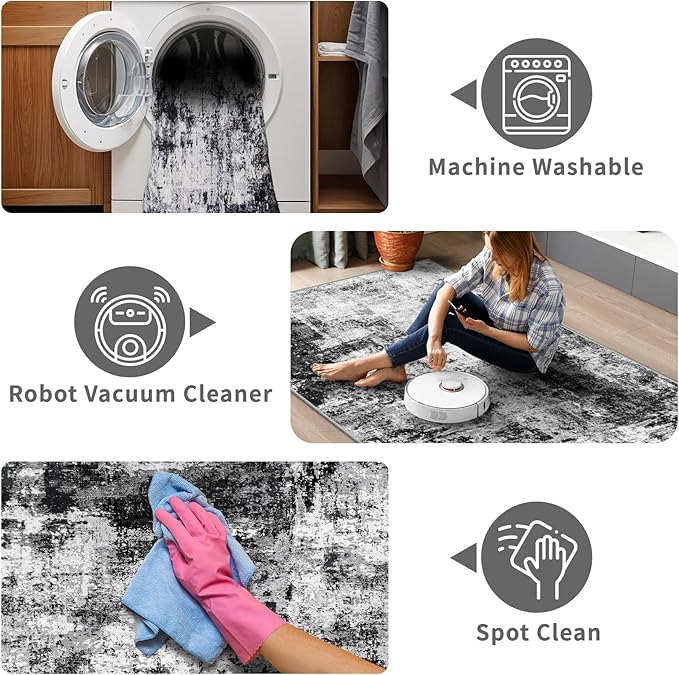 4x8 Wide Washable Runner Rug: Easy-to-Clean Runners for Hallway Entryway Kitchen Bedroom Living Room - Stain and Water Resistant Rugs with Non-Slip Backing - Soft Low-Pile Carpet Black Grey