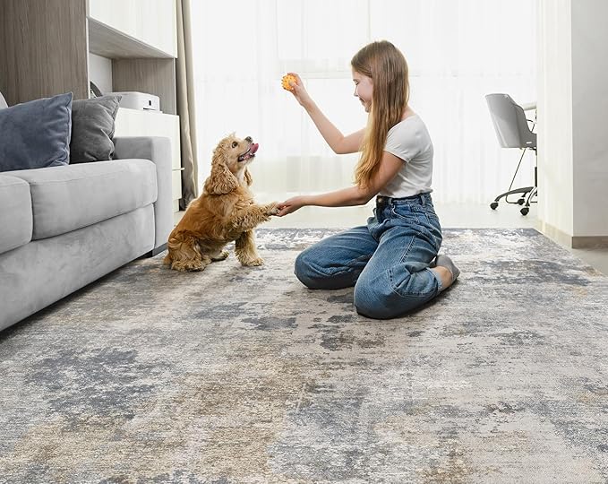 UERMEI 10x12 Area Rug Living Room Rugs - Washable Neutral Modern Abstract Soft Thin Large Rug Indoor Floor No Slip Rug Carpet for Bedroom Under Dining Table Home Office Decor - Blue Grey