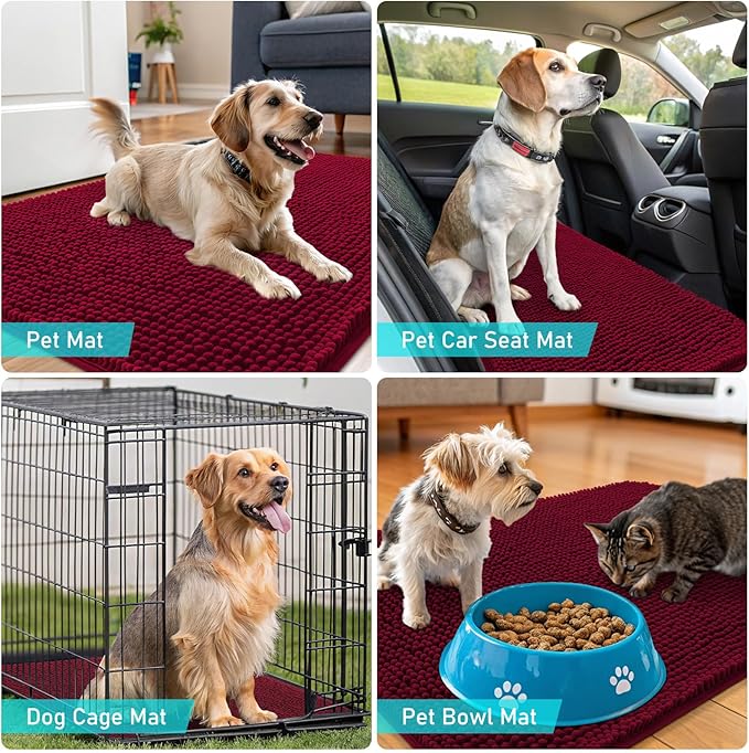 OLANLY Dog Door Mat for Muddy Paws 34x21, Absorbs Moisture and Dirt, Absorbent Non-Slip Washable Doormat, Quick Dry Chenille Mud Mat for Dogs, Entry Indoor Entryway Carpet for Inside Floor, Burgundy