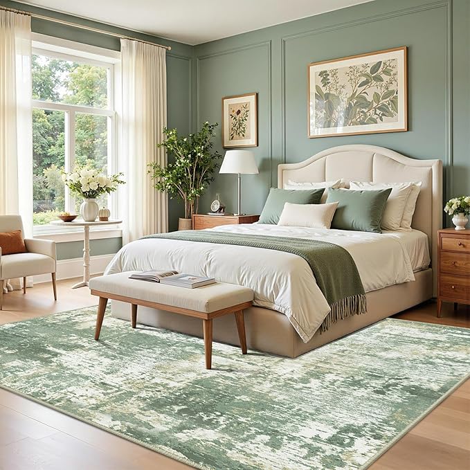 Washable Area Rugs 5'x8' Non-Slip Modern Abstract Soft for Living Room Entryway Bedroom Nursery, Print Pattern, Light Green/Yellow