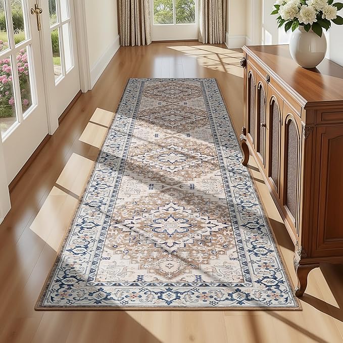 Lofus 2x8 Hallway Washable Runner Rug, Vintage Kitchen Runners Non Slip, Entryway Rugs for Bathroom Bedroom Living Room Laundry Room Floor Mat, Boho Entry Long Carpet, Floral Brown