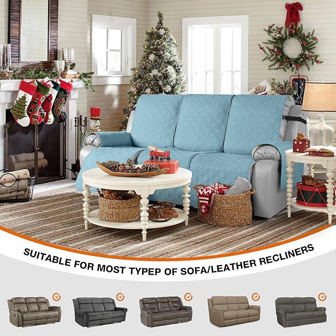 VANSOFY Waterproof Recliner Couch Covers, Sofa Covers 1-Piece Washable Reclining Sofa Cover Non-Slip Furniture Protector with Elastic Straps Pocket for Dogs, Pets(Azuree,3 Seater)