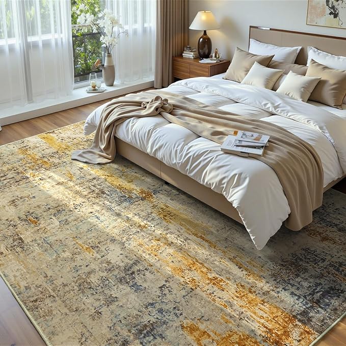 Ompaa Living Room Rug 6x9 Beige Area Rug Machine Washable Boho Rug Non Slip Abstract Vintage Indoor Large Rugs for Bedroom, Classroom, College Dorm, Farmhouse, Dining Room, Kids Playroom