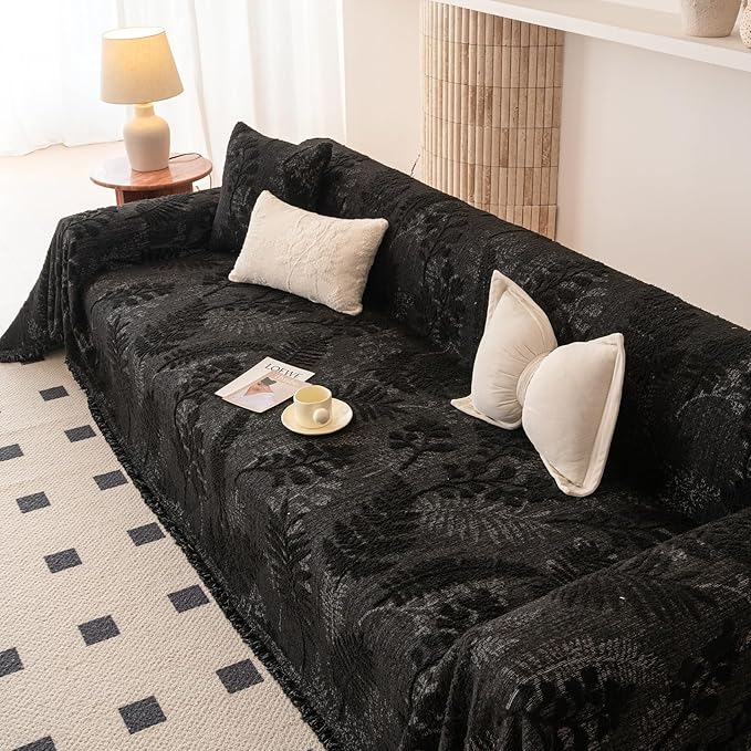 HANDONTIME Washable Couch Covers for Sofa Boho Couch Covers for 3 Cushion Sofa Pet Friendly Black Chenille Jacquard Couch Protector for Dogs Plant Branch Sectional Cover Sofa Slipcovers, 71" X 134"