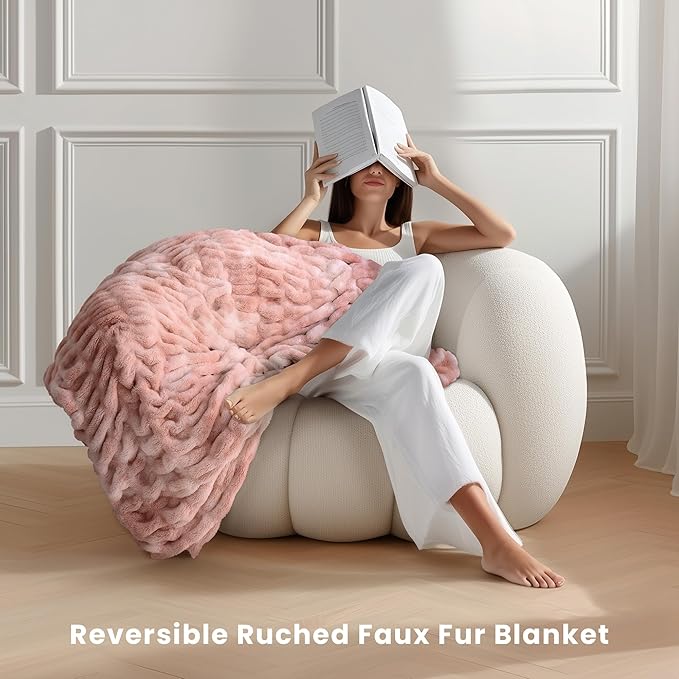 Ultra Soft Cozy Faux Fur Throw Blanket, Fuzzy Plush Thick Bubble Blanket, Oversize Luxury Fluffy Blanket for Couch, Sofa, Bedroom, and Living Room,50x60 Inches,Double Sided Tie-Dye Pink