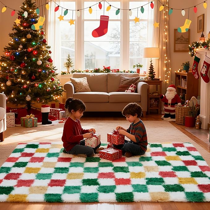 Checkered Area Rug 8x10 for Living Room Bedroom, Christmas Shag Rug Fuzzy Shaggy Bedside Carpet, Indoor Plush Floor Rugs for Kids Boys Girls Room Holiday Home Decor