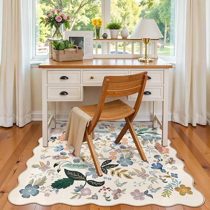 Washable 4x4 Square Area Rug: Floral Scalloped Soft Rugs for Living Room Bedroom Non Slip Bathroom Nursery Floor Mat Water Resistant Low Pile Carpet for Kitchen Entryway (4x4,Cream)