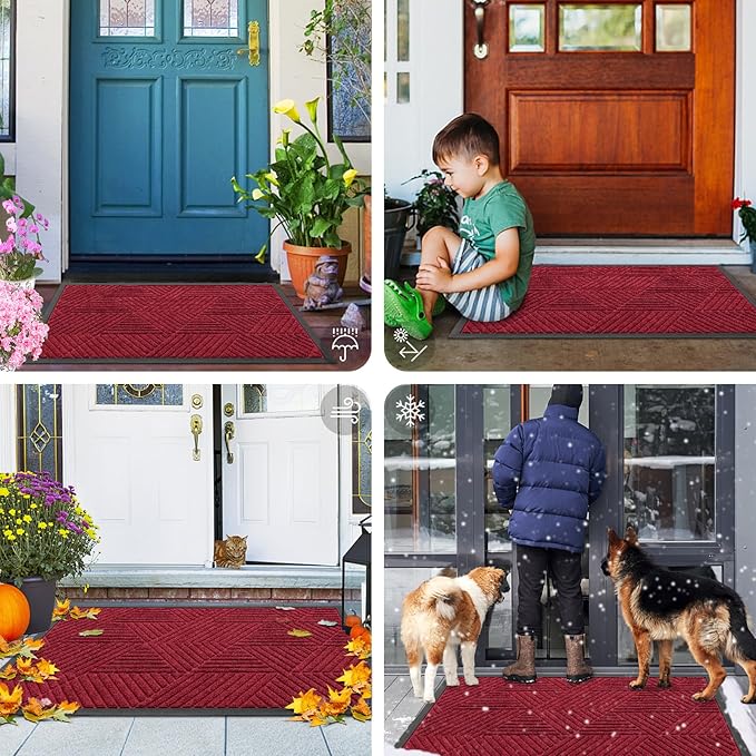 Smiry Front Door Mat Outside Entrance, Heavy Duty Sturdy Natural Rubber Doormat, Trap Dirt and Moisture, Easy Clean Low Profile Mats for Indoor Outdoor Entry, Irregular Triangle (47x32, Wine Red)