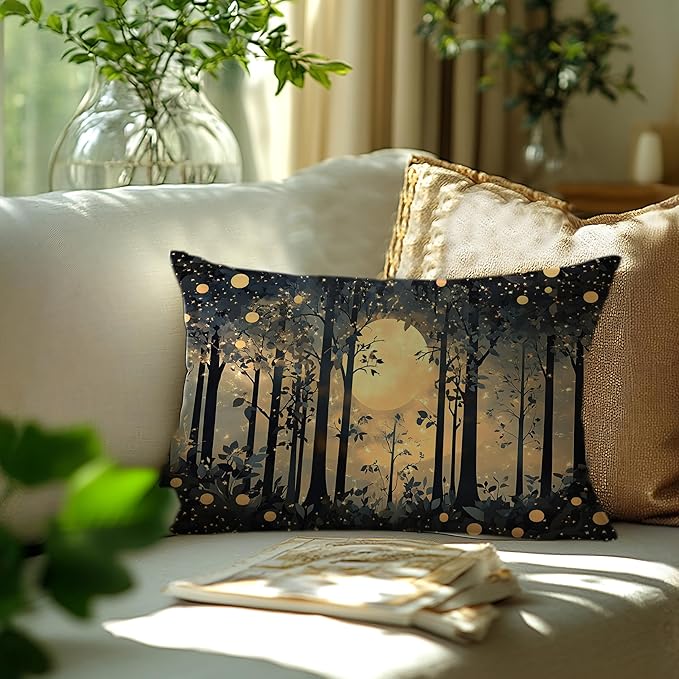 Rustic Night Moon William Morris Inspired Forest Gold Pillow Covers 18x18,Vintage Black and Gold Botanical Nature Landscape Decorative Throw Pillow Covers for Home Bedroom Living Room