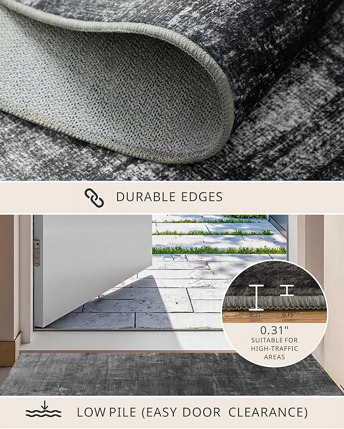 Latte&Fog 5x7 Area Rugs for Living Room Bedroom, Black Modern Abstract Neutral Washable Rug, Boho Non Slip Low Pile Carpet for Dining Room, Dorm, Classroom,College Dorm,Farmhouse and Kids Room - Black