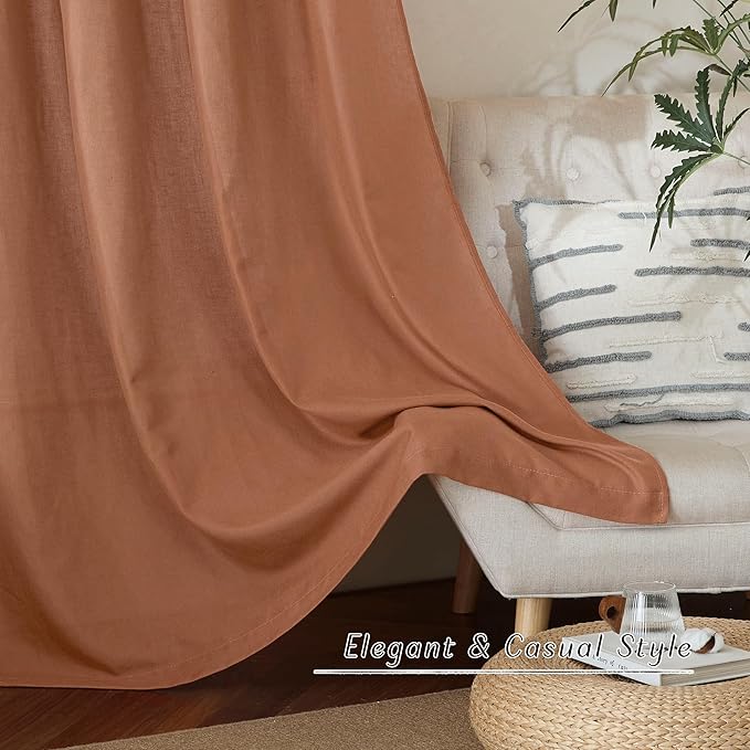 NICETOWN Linen Caramel Curtains 96 inches Long for Living Room, Grommet Thick Flax Linen Privacy Added with Light Filtering Window Treatments for Bedroom, W55 x L96, 2 Panels