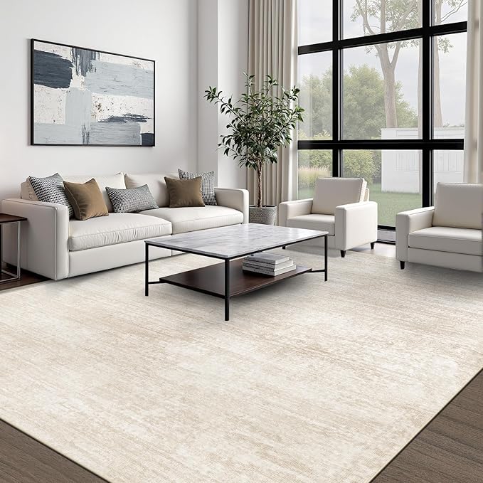 Area Rugs 9x12 for Living Room: Washable Rug Modern Abstract Neutral Soft Non-Slip Low-Pile Indoor Large Carpet for Bedroom Dining Room Playroom Home Office (Beige, 9'x12')