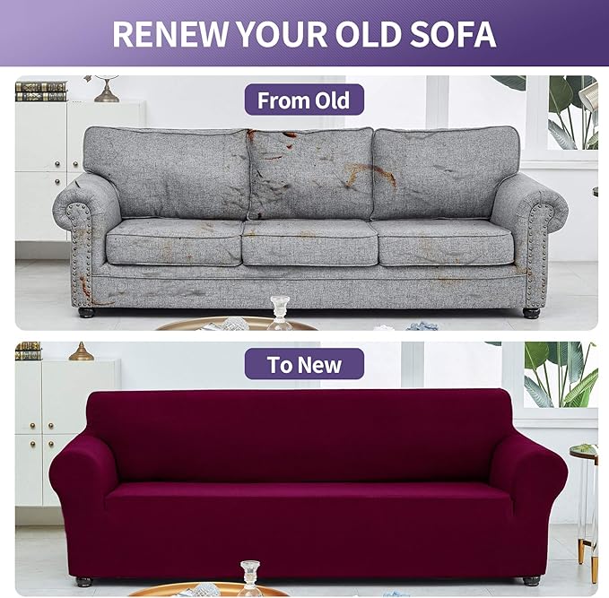 Joccun Christmas Stretch Couch Cover Slipcovers, 1-Piece Sofa Covers for 3 Cushion Couch Spandex Jacquard Washable Furniture Protector Cover for Living Room,Kids,Pets(Sofa,Burgundy)