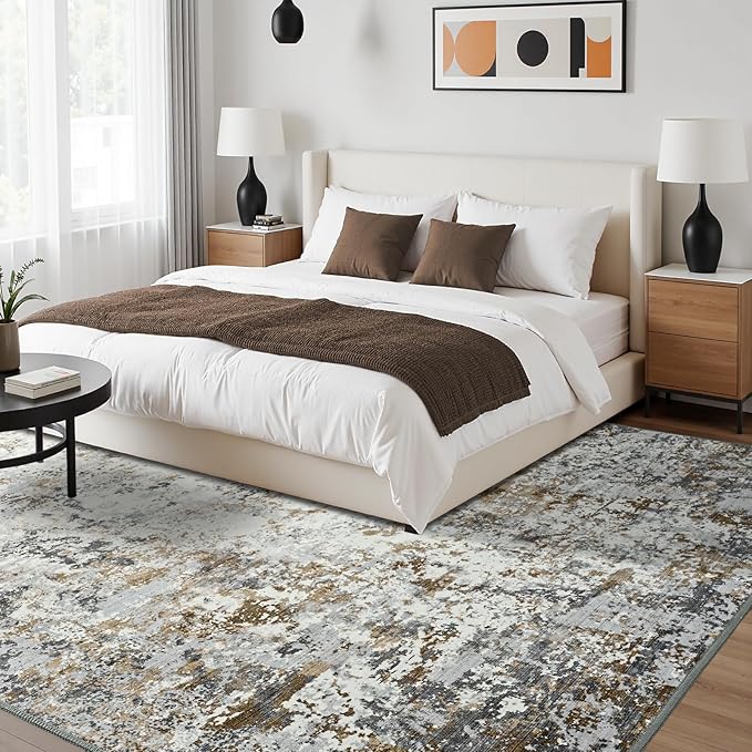 Toneed Abstract Area Rug Modern Washable Rug Soft Non Slip Rug Low Pile for Bedroom Living Room Dining Room Brown/Grey 8x10 Feet