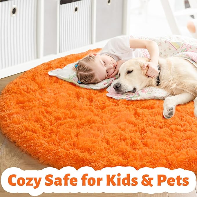 Amdrebio Orange Round Circle Rug 4Ft for Bedroom Living Room, Fluffy Fuzzy Area Rugs for Kids Room Decor Aesthetic, Cute Furry Plush Shag Carpet for Toddler Teen Girls Boys Baby Nursery Dorm Playroom