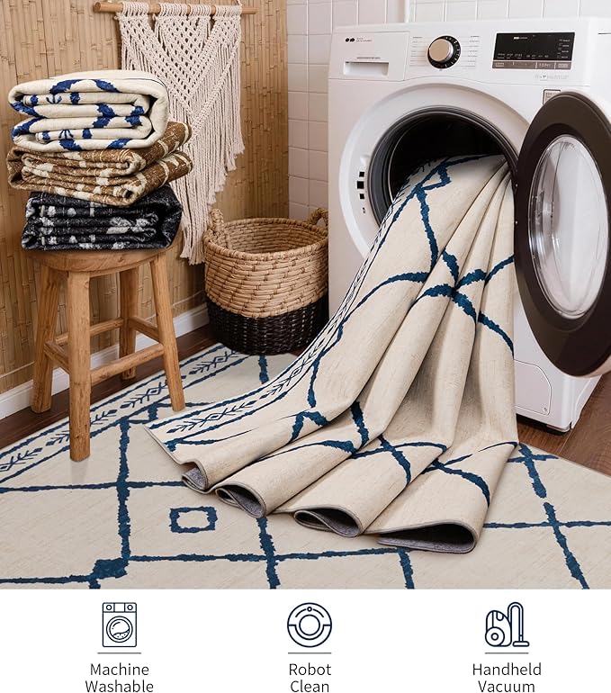 YIHOUSE Boho Rugs for Living Room, 6x9 Western Beige and Blue Area Rug, Moroccan Geometric Soft Low-Pile Washable Rugs for Bedroom, Dining Room