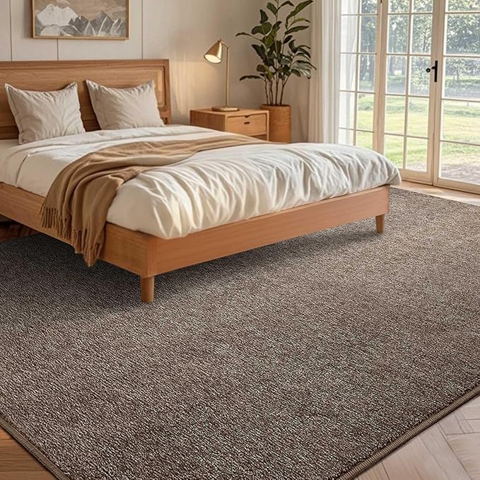 FinRèc 8x10 Washable Area Rugs for Bedroom Living Room, Low Pile Thin Rug Solid Color, Non-Slip Carpet Indoor for Home Decor (Brown)