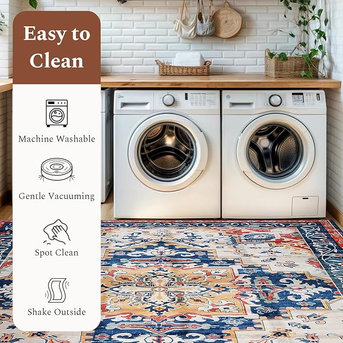 Rugflix 8x10 Area Rug for Living Room, Machine Washable Area Rugs with Non-Slip Backing, Large Soft Boho Vintage Rug for Bedroom, Dining Room, Low Pile Carpet, Kids Pet Friendly, Red