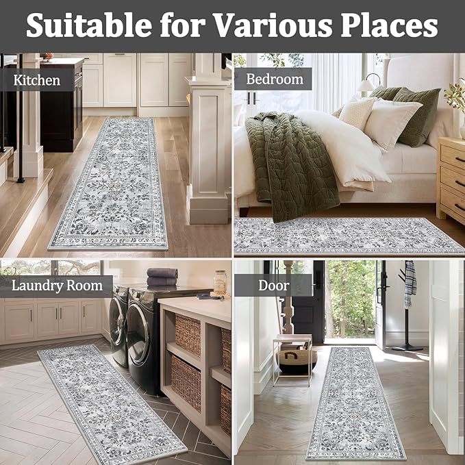 Yamaziot Washable Runner Rug 2x8 – Non Slip Boho Floral Hallway Runner Rug with Rubber Backing, Low Pile Faux Wool Distressed Carpet for Kitchen, Laundry, Bedroom, Entrance, Gray