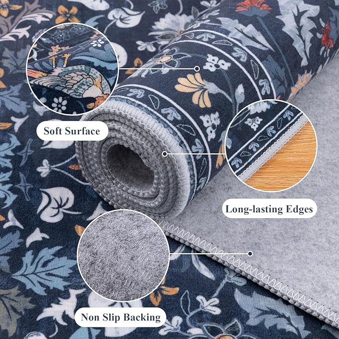 HEBE Washable Hallway Runner Rug 2'x 8' Non Slip Kitchen Rugs Runner,Low Pile Entryway Rug Laundry Room Mat Floral Carpet Runners for Hallways, Kitchen,Bathroom,Laundry,Bedside Rug