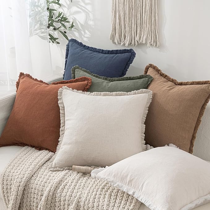 MIULEE Decorative Throw Pillow Covers Neutral Linen Fringe Throw Pillows Euro Shams Set of 2 Natural Beige Boho Farmhouse Cushion Covers for Couch Sofa Bed Living Room Spring Home Decor 22x22 Inch