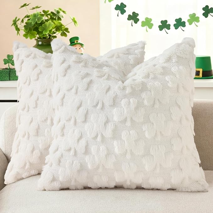 decorUhome St. Patrick’s Day Shamrock Pillow Covers 20x20 Inch Set of 2, Soft Plush Faux Wool Cream White Throw Pillow Covers, Farmhouse Spring Holiday Decor for Sofa Living Room