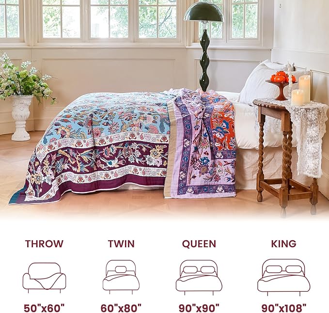 MSGKV Boho Throw Blanket for Bed 60"x80" 100% Cotton Couch Twin Size Floral Bird Blanket Spring Breathable Lightweigh Muslin Home Decorative Blankets