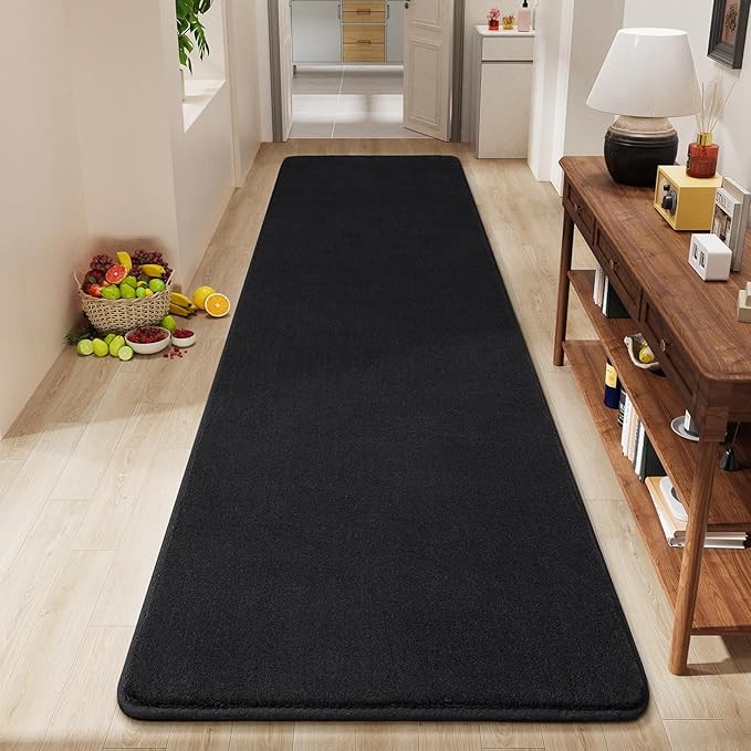 Amearea Modern Soft Hallway Runner Rug, 2x10 Feet Washable Long Runner Rugs for Hallway, Black Fluffy Bedroom Rugs, Indoor Non Slip Memory Foam Rug Carpet for Entrance Kitchen Living Room Home Decor