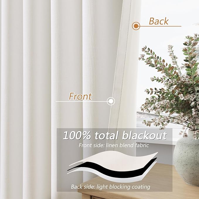 Ivory 100% Blackout Linen Curtains 63 Inch Length 2 Panels Set for Living Room Bedroom Back Tab Thermal Insulated Black Out Drapes Room Darkening Farmhouse Style for Bedroom Window Curtains 52x63
