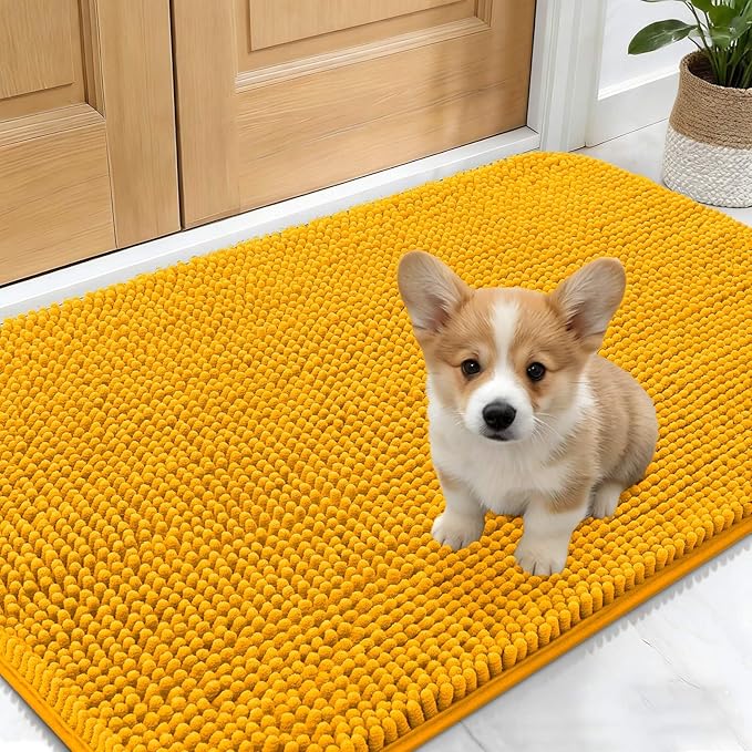 OLANLY Dog Door Mat for Muddy Paws 30x17, Absorbs Moisture and Dirt, Absorbent Non-Slip Washable Doormat, Quick Dry Chenille Mud Mat, Entry Indoor Entryway Carpet for Inside Floor, Golden Yellow