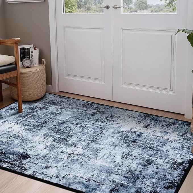 Rugflix 3x5 Entrance Rugs, Entry Rug Washable Non-Slip Stain-Resistant Low Pile Small Modern Dark Carpet, for Living Room Bedroom Indoor, Navy Blue/Black