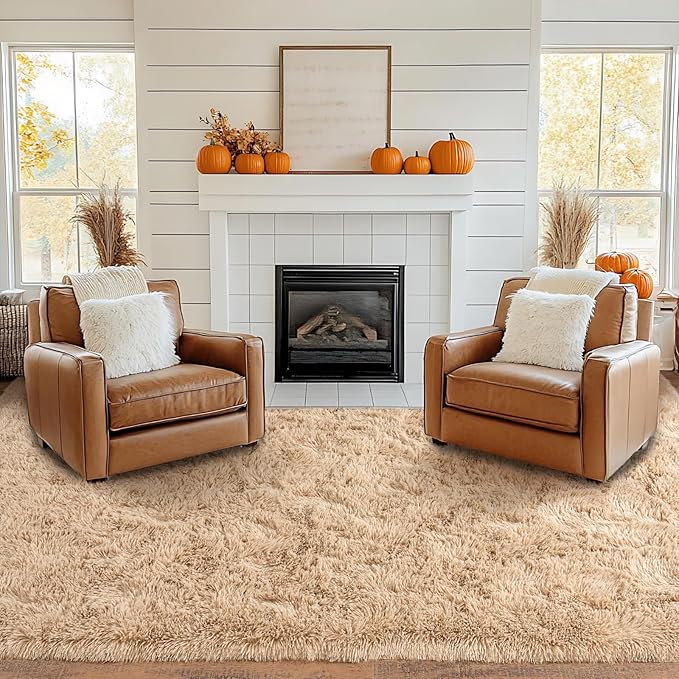 Pionblank 8x10 Rug for Living Room, Fuzzy Plush Large Area Rug, Fluffy Modern Shag Non Slip Soft Furry Carpet for Bedroom Kids Room Nursery Teens Dorm Home Decor, Camel