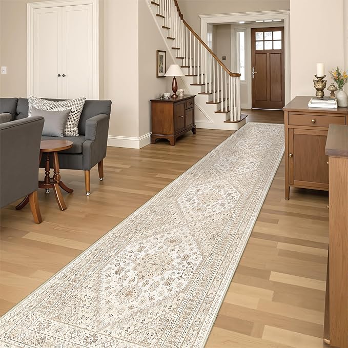 Washable Runner Rug 2.5x16, Non-Slip Long Kitchen Mats for Floor, Vintage Rug for Entryway, Soft Hallway Runner for Dining Room, Bedroom, Living Room(Cream/Beige,2.5'x16')