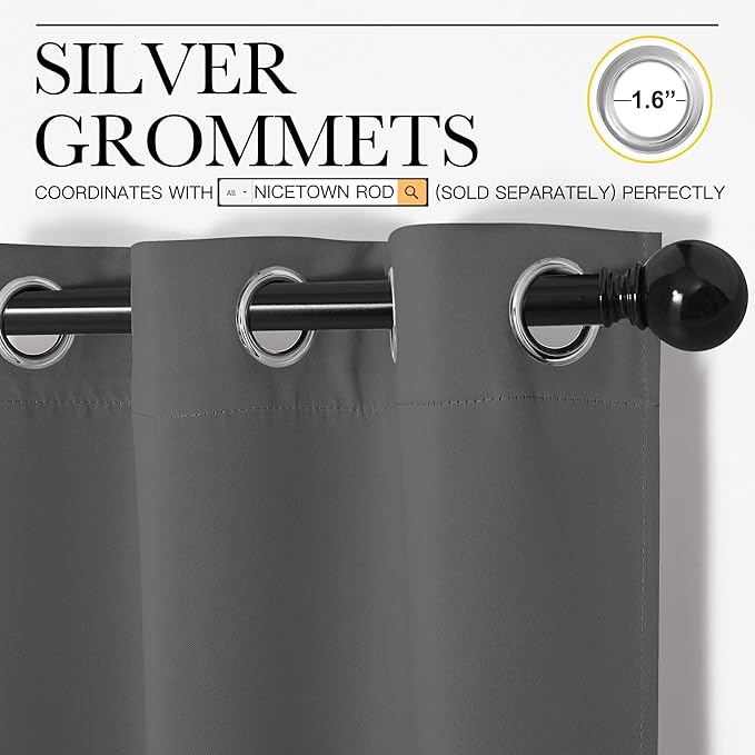 NICETOWN Bedroom Blackout Curtains Panels, 1 Pair, 55 inches by 110 Inch, Grey, Triple Weave Energy Saving Thermal Insulated Solid Grommet Blackout Draperies for Patio