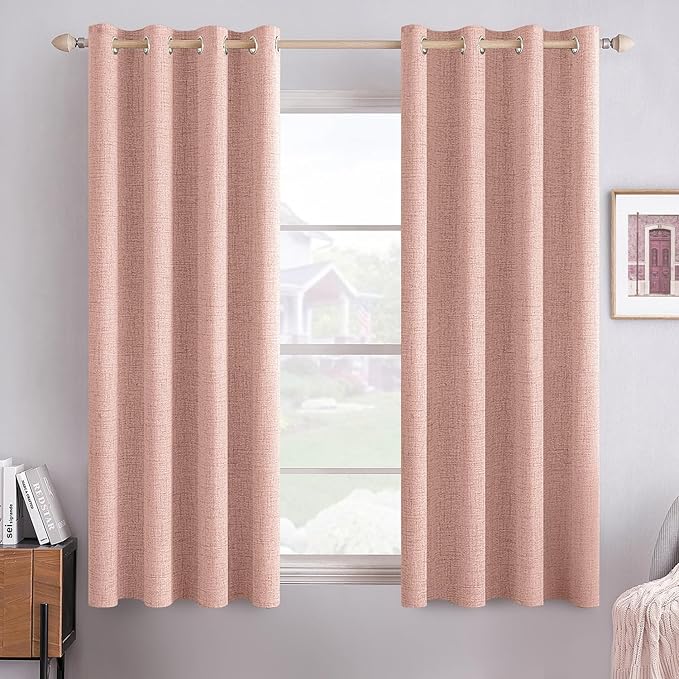 MIULEE Linen Blackout Curtains for Bedroom Thermal Insulated Blush Pink Grommet Room Darkening Black Out Drapes for Living Room Nursery 52 x 54 Inch (2 Panels)