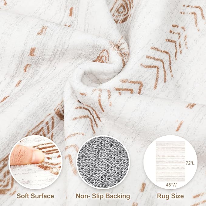 Nakagishi Area Rug Living Room Rugs: 4x6 Soft Machine Washable Boho Neutral Farmhouse Stain Resistant Moroccan Indoor Floor Carpet for Bedroom Nursery Kids Entryway Kitchen Entry Bedside Home- Brown