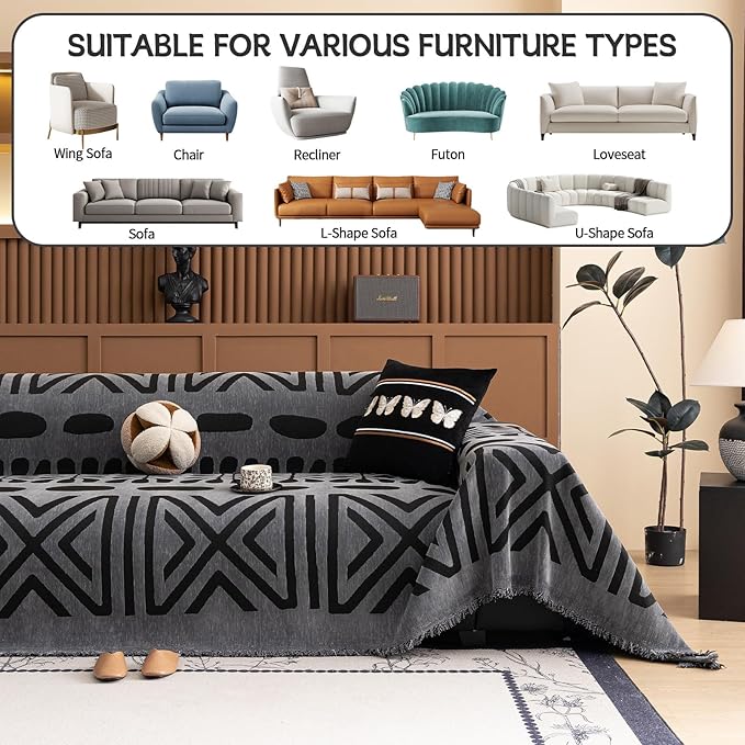 HANDONTIME Boho Couch Cover Blanket Geometric Striped Pet Covers for Couches and Sofas Dark Grey and Black Dog Cover for Couch Pet Friendly Chenille Sectional Sofa Covers for Pets Washable, 71" X150"
