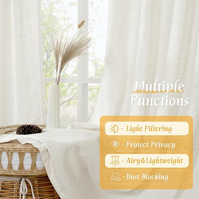LAMIT Faux Linen 63 Inch Curtains for Bedroom, Ivory Rod Pocket Linen Drapes Light Filtering Semi Sheer Privacy Curtains for Small Window/Living Room, 2 Panels (42 x 63 Inch, Natural)