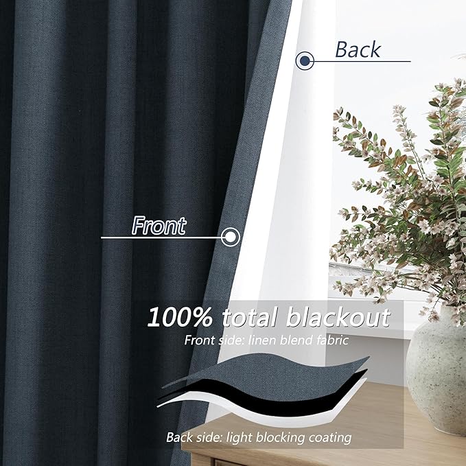 Guken 100% Blackout Linen Curtains 96 Inch Length 2 Panels Set for Living Room Bedroom Back Tab Thermal Insulated Black Out Linen Drapes Room Darkening Window Curtains,Vintage Blue