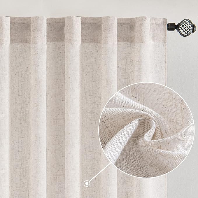 MIULEE White Linen Curtains 90 Inch Length 2 Panels for Bedroom Living Room, Soft Thick Linen Textured Natural Window Drapes Semi Sheer Light Filtering Back Tab Rod Pocket Burlap Look Decor, W37xL90