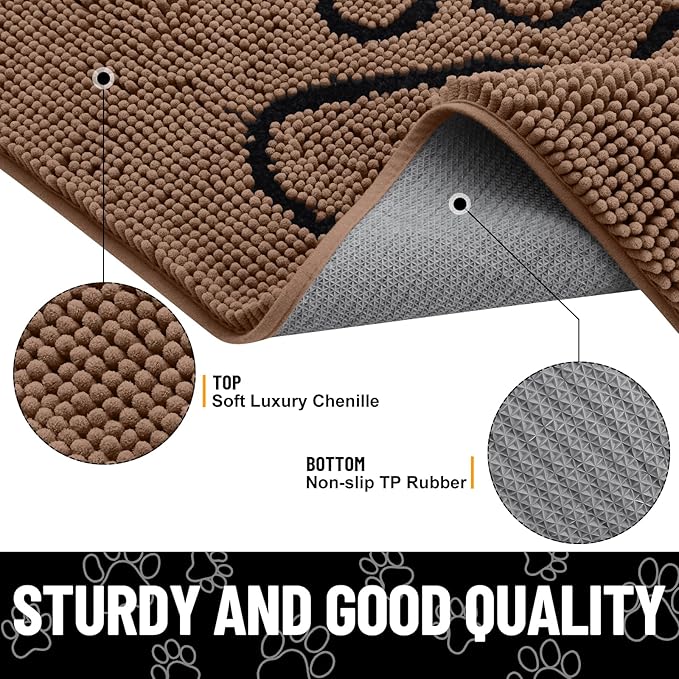 Smiry Dog Door Mat for Muddy Paws, Absorbent Dirt Trapper Non Slip Quick Dry Washable Chenille Mat for Mud Dogs, Entry Rug for Indoor and Outdoor (30x20 Inches, Coffee and Black)
