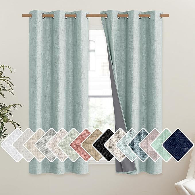 NICETOWN 100% Absolutely Blackout Linen Curtains with Thermal Insulated Liner, Seafoam Green, 42" Wide, 45" Length Energy Saving Curtains for Dining Room 2 Panels Set, Vertical Blinds